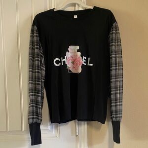 BNWT- Inspired Up-cycled- Black Long Sleeve w/Plaid Bell Sleeves- Sz S